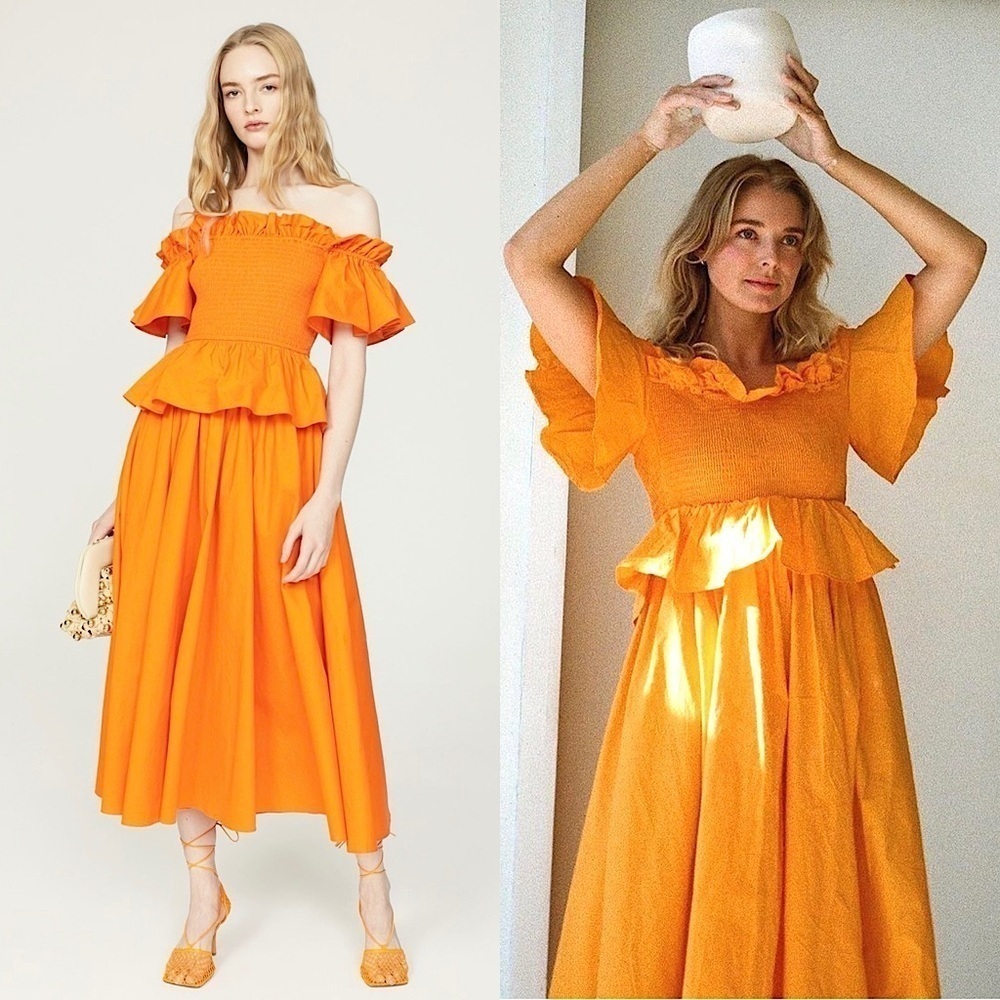 TOCCIN Ruffled Off Shoulder Flutter Short Sleeve Smocked Bodice‎ Midi Dress as
